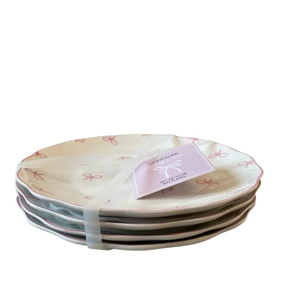 GODINGER Pink Bow 8in Salad Plates Set of 4 NEW